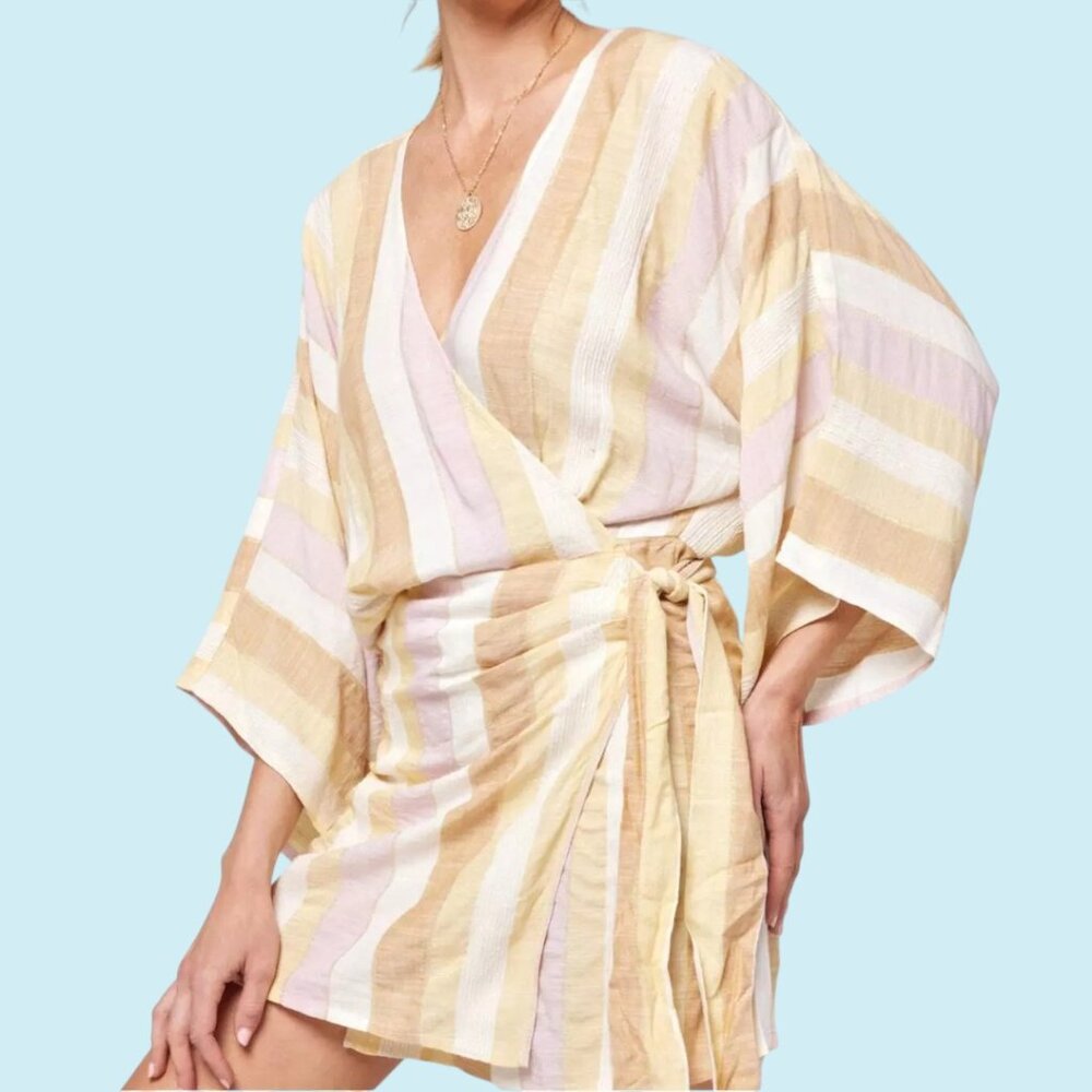 L Space Pfeiffer Wrap Dress Women's Small Metallic Stripe Mini Cover up Beach